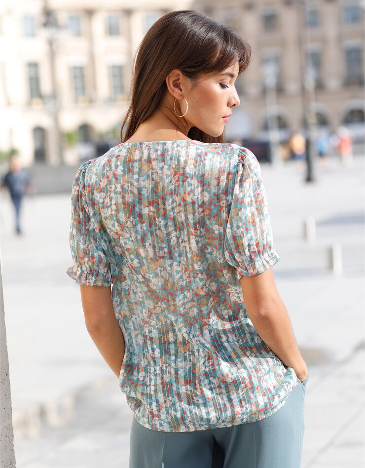 Chemisier boutonné manches blousantes imprimé, voile jacquard (vert)