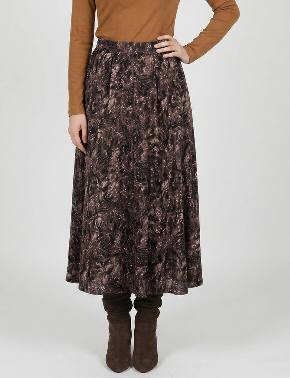 Jupe longue &agrave; godets en viscose, imprim&eacute; (marron)