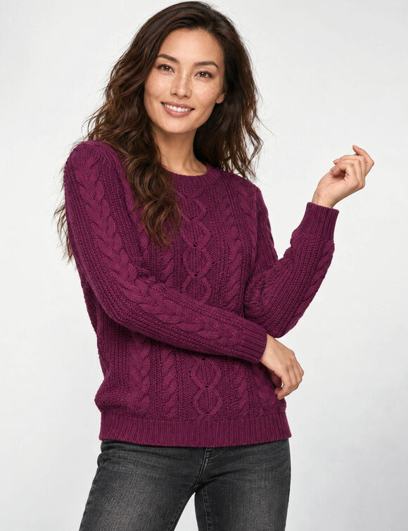 Pull col rond, maille torsad&eacute;e (prune)