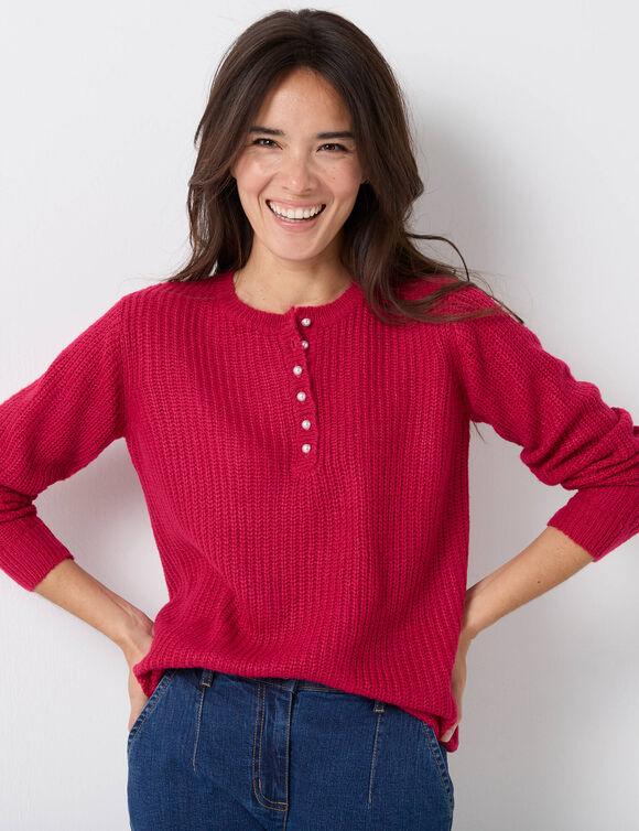 Pull col tunisien, maille anglaise toucher doux (framboise)