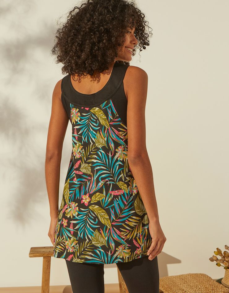 Tunique à larges bretelles, imprimé tropical  (noir / vert)