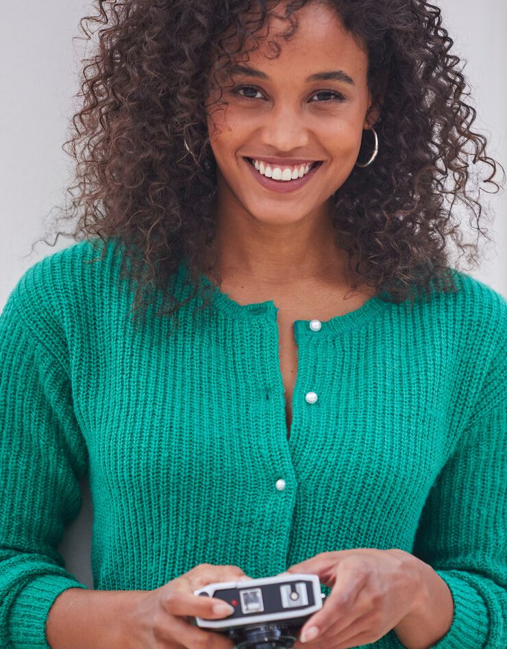 Cardigan boutons façon perles, maille anglaise (vert)