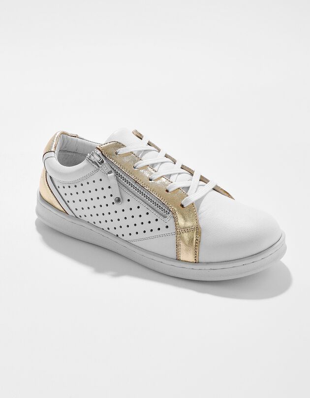 Tennis zippée en cuir perforé - bicolore (blanc / doré)