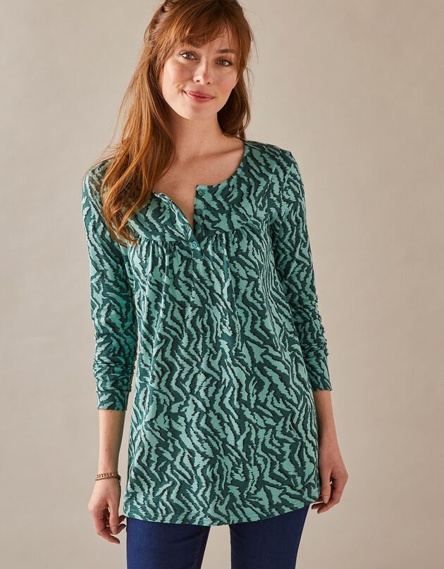 Tunique col rond imprimé tachiste, maille jersey (vert grisé / noir)