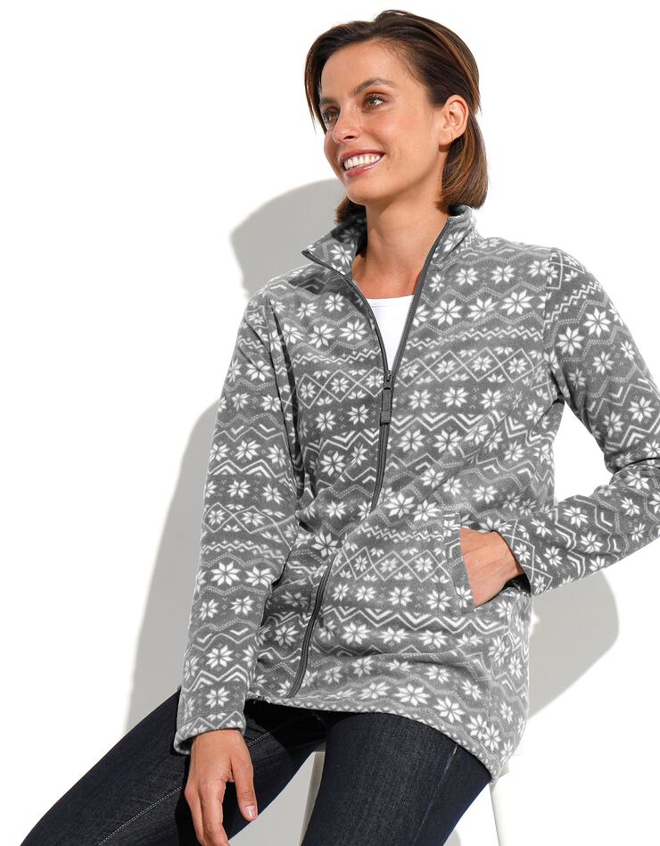 Veste polaire zippée manches longues imprimé jacquard (gris / blanc) Veste polaire zippée manches longues imprimé jacquard (gris / blanc)
