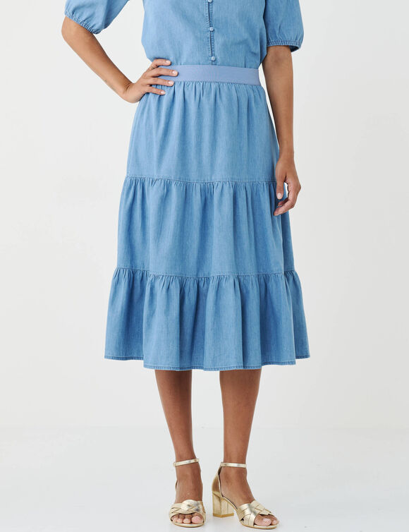 Jupe courte volant&eacute;e, volume jupon, jean l&eacute;ger (bleached)