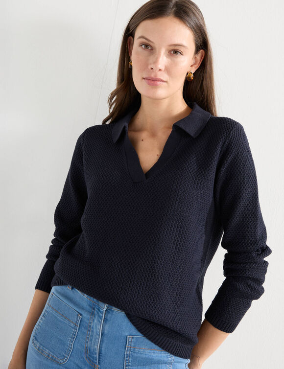 Pull col polo, maille fantaisie  (marine)