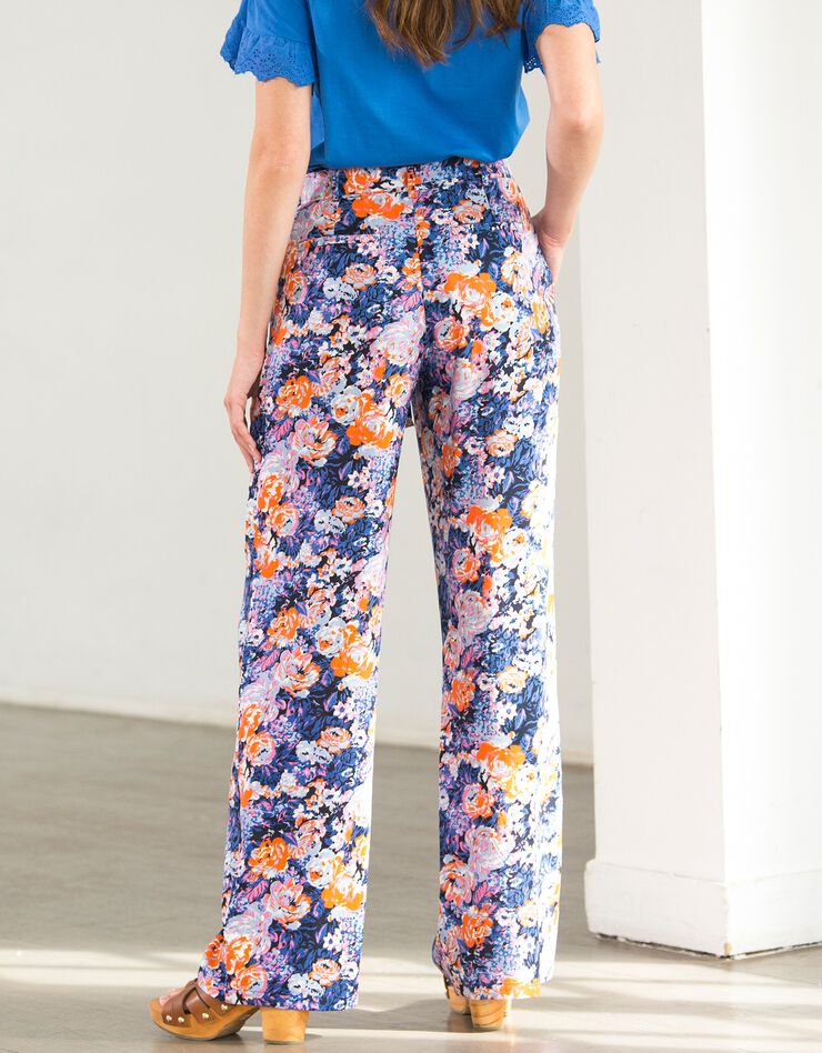 Pantalon large fluide imprimé grosses fleurs (marine / orange)