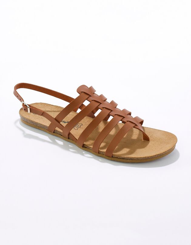 Sandales spartiates en cuir à entredoigt semelle liège (caramel)