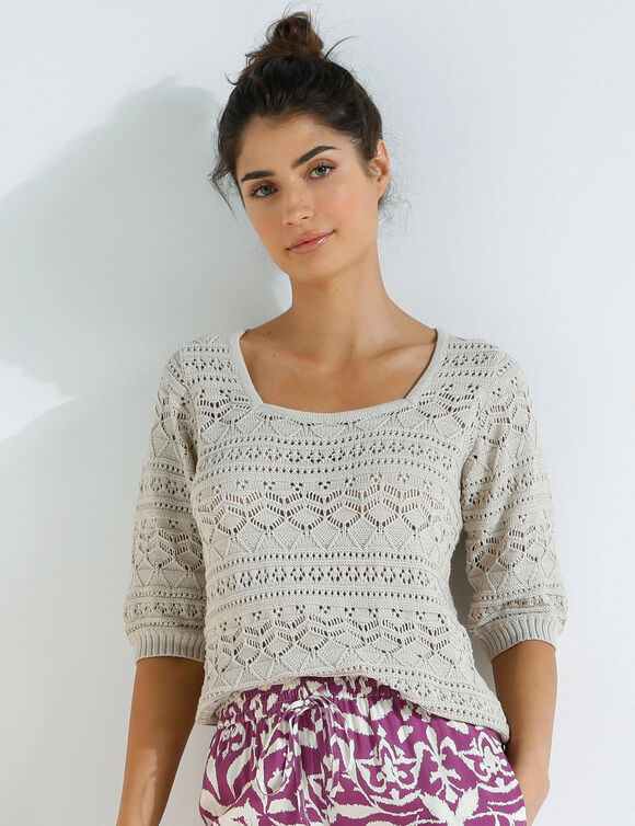 Pull col carré uni, maille ajourée (beige)