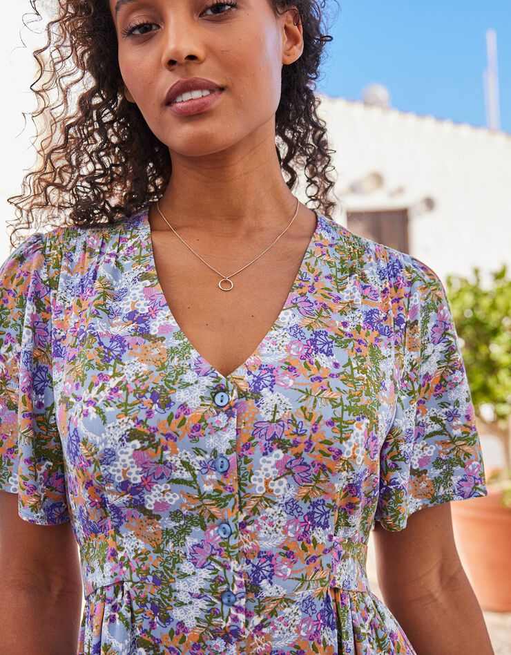 Robe boutonnée manches "papillon" imprimée (bleu grisé)