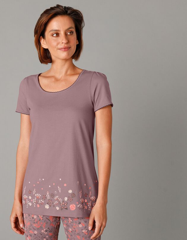 Tee-shirt de pyjama manches courtes imprimé base fleurs (taupe)