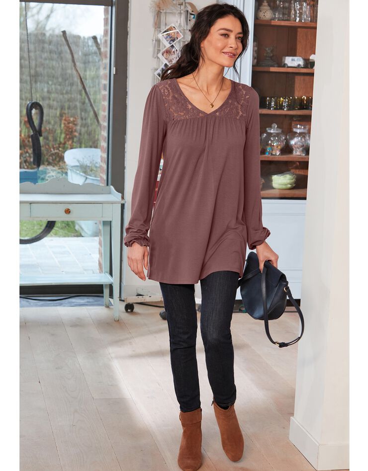Tunique col V dentelle jersey (marron glacé) Tunique col V dentelle jersey (marron glacé)