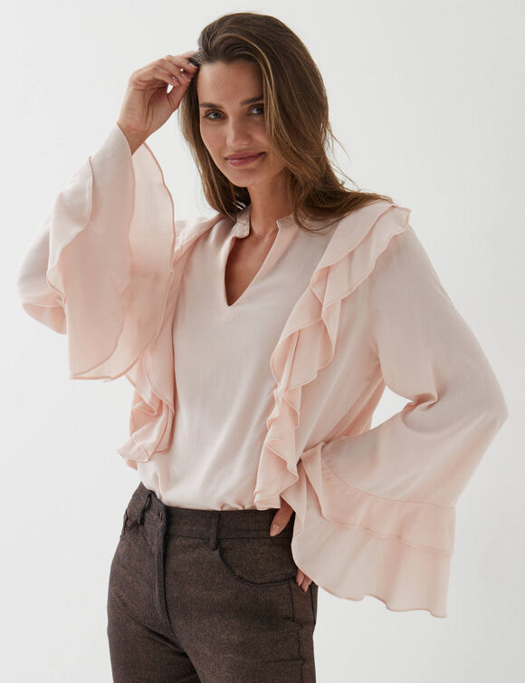 Blouse col officier &agrave; volants, manches &eacute;vas&eacute;es, cr&ecirc;pe (rose poudr&eacute;)