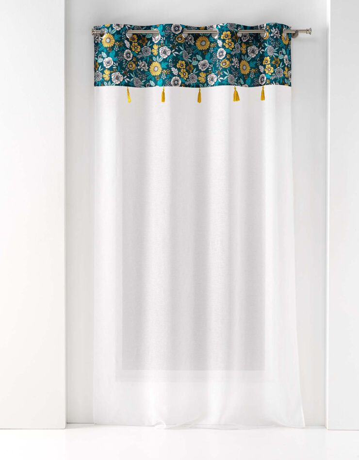 Voilage haut imprimé fleurs multicolores avec pompons (blanc / bleu)