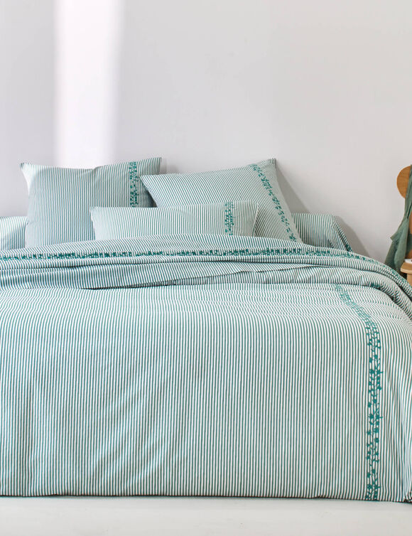 Linge de lit Faustine imprim&eacute; rayures et brod&eacute; - coton 57 fils/cm&sup2; (vert)