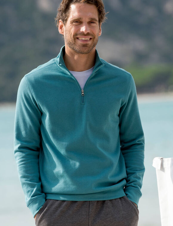 Sweat molleton col camionneur zippé (bleu vert)