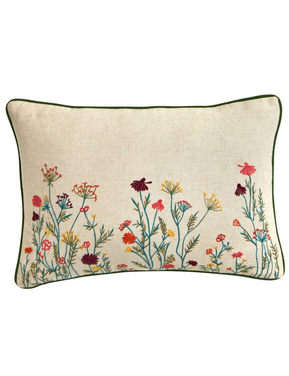 Coussin rectangulaire coton lin broderie fleurie (vert / orange)