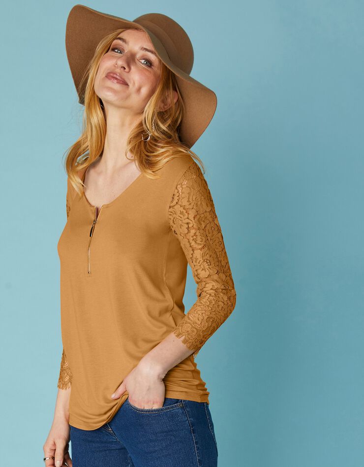 Tee-shirt col zippé manches 3/4 dentelle jersey (miel) Tee-shirt col zippé manches 3/4 dentelle jersey (miel)