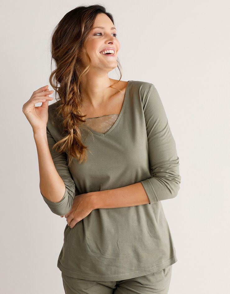 Tee-shirt col plumetis manches longues (vert olive)