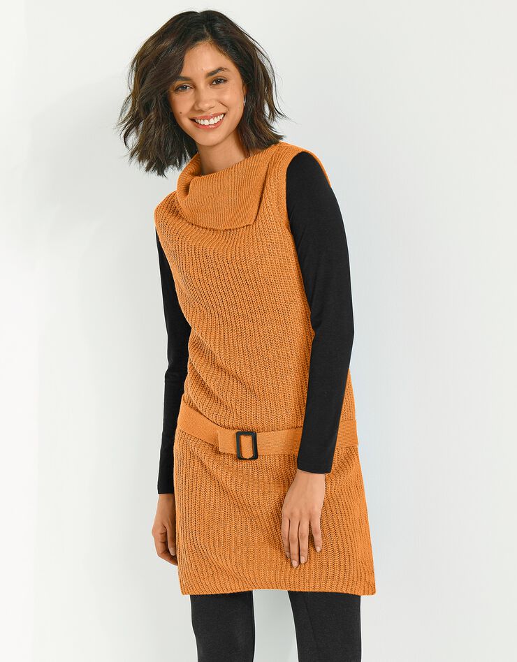 Pull tunique sans manches uni à ceinture amovible - toucher mohair (ocre) Pull tunique sans manches uni à ceinture amovible - toucher mohair (ocre)