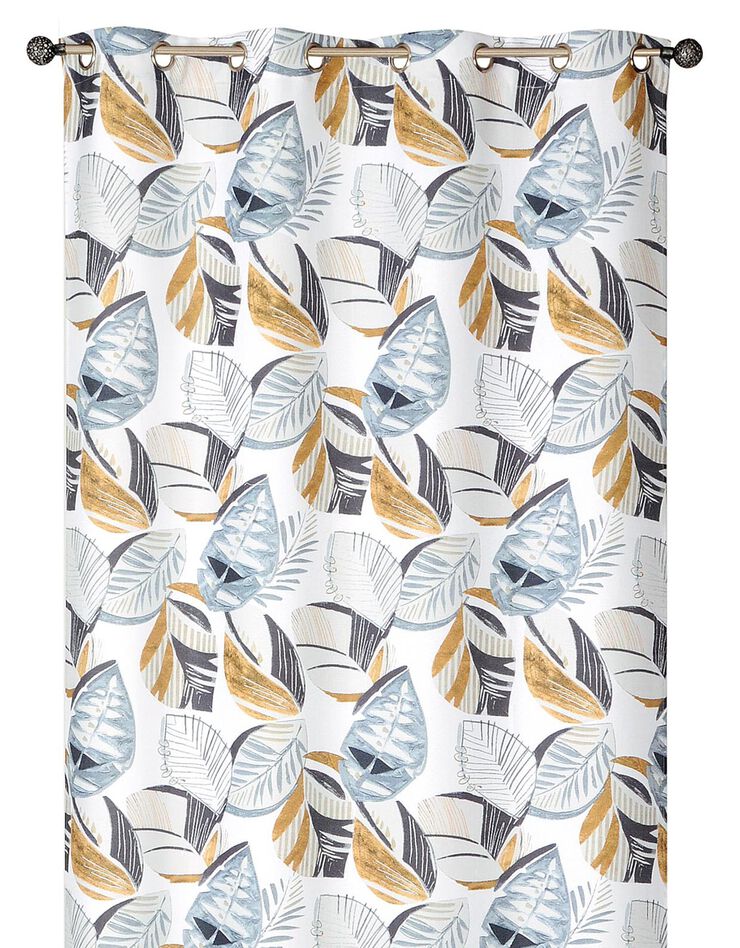 Rideau jacquard motif feuillage finition oeillets (blanc / bleu)