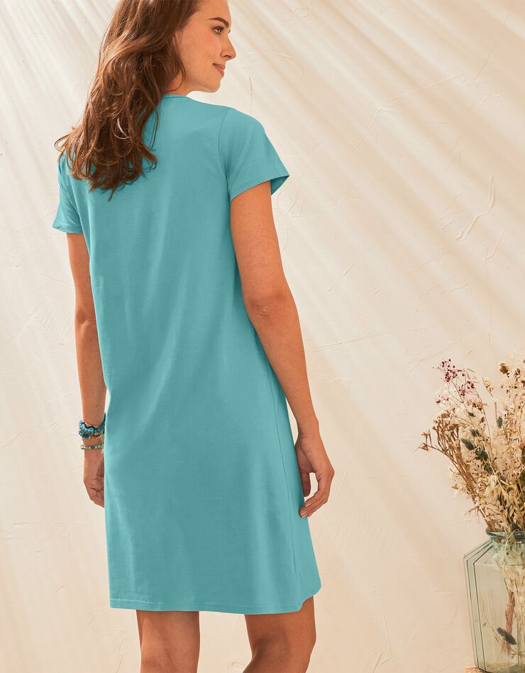 Robe manches courtes col V unie, maille stretch (turquoise) Robe manches courtes col V unie, maille stretch (turquoise)