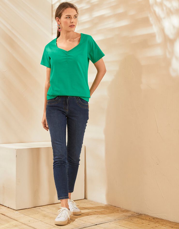 Tee-shirt col carré froncé uni coton bio (vert) Tee-shirt col carré froncé uni coton bio (vert)
