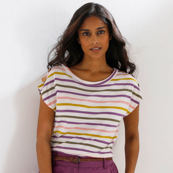 T-shirt ray&eacute; d&eacute;tail boutonn&eacute; maille jersey (&eacute;cru / violet)