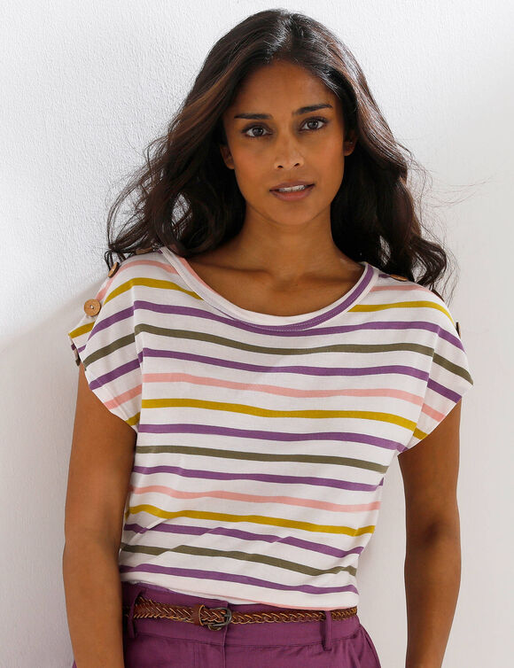 T-shirt ray&eacute; d&eacute;tail boutonn&eacute; maille jersey (&eacute;cru / violet)