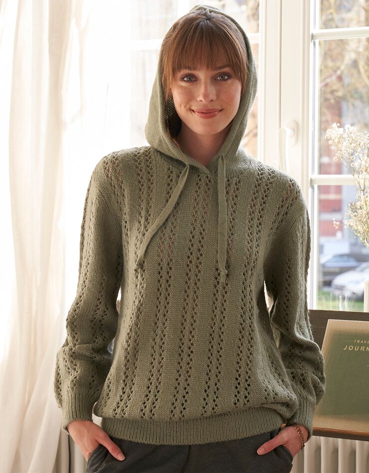 Pull à capuche maille ajourée (vert amande) Pull à capuche maille ajourée (vert amande)