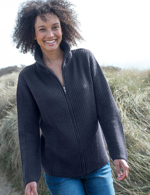 Gilet zipp&eacute; col montant, maille anglaise (marine)
