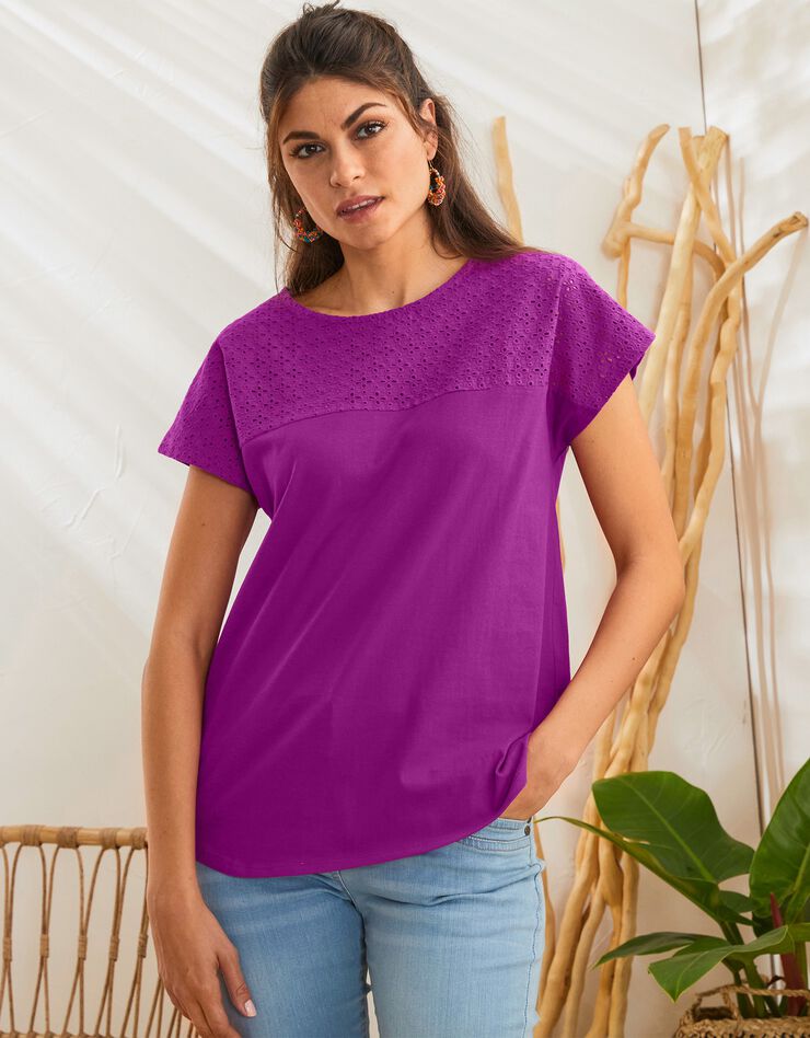 Tee-shirt broderie anglaise manches courtes (violine)
