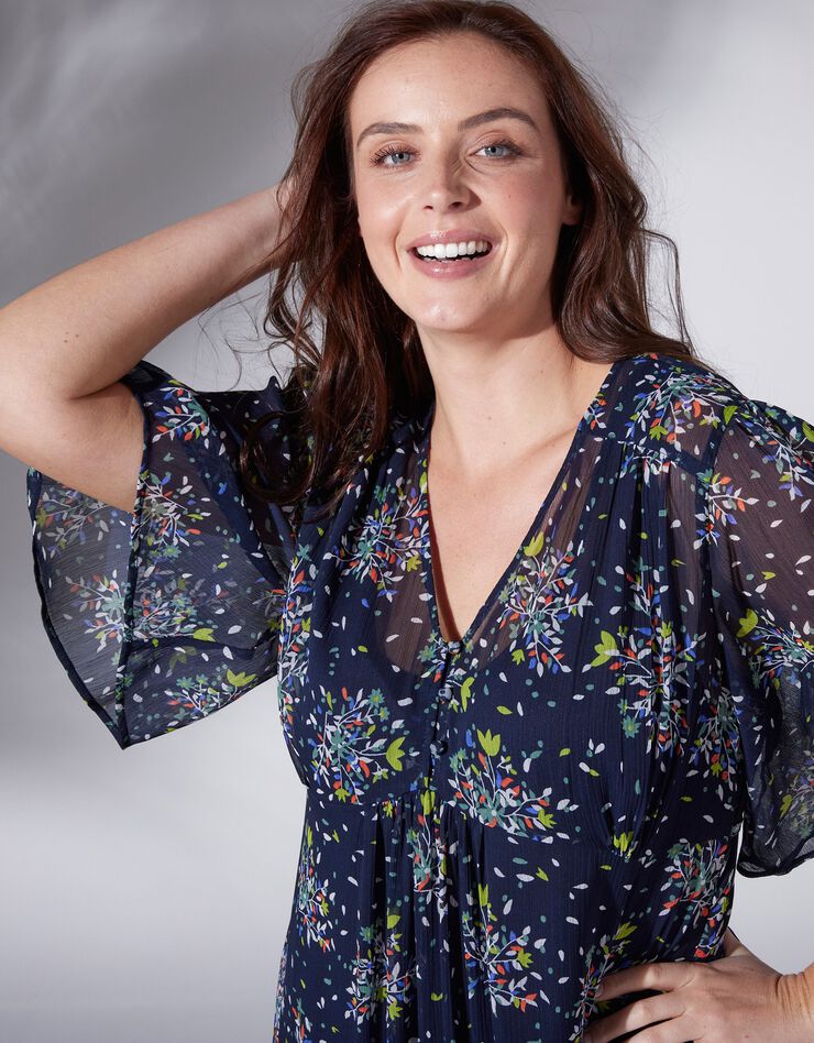 Robe longue en voile imprimé fleuri col V  (marine / anis)