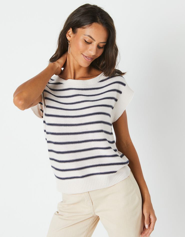 Pull rayé sans manches, spécial petites (écru / marine) Pull rayé sans manches, spécial petites (écru / marine)