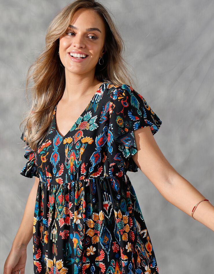 Robe courte manches "papillon", imprimé multicolore (noir / safran)
