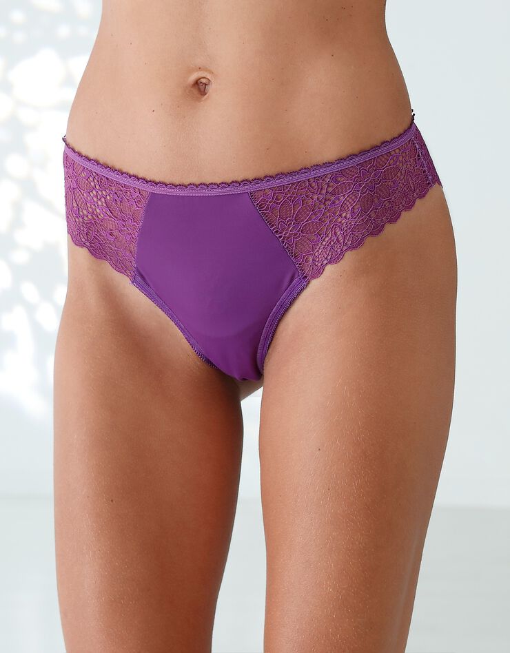Culotte forme tanga microfibre et dentelle stretch - lot de 2 (violine)