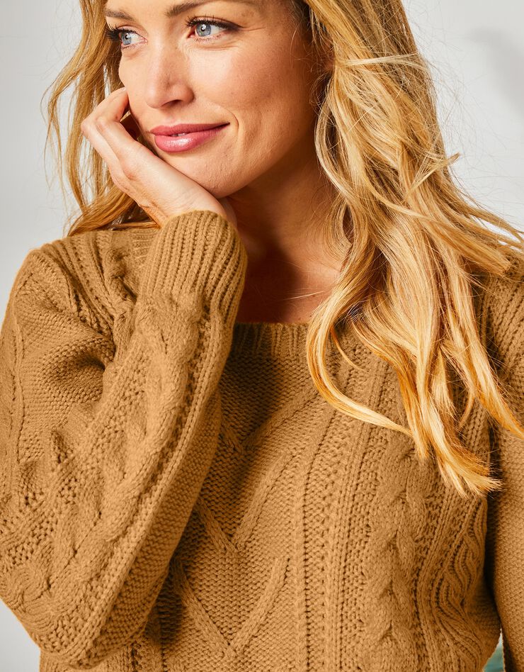 Pull femme col rond torsadé toucher cachemire, manches longues (curry) Pull femme col rond torsadé toucher cachemire, manches longues (curry)