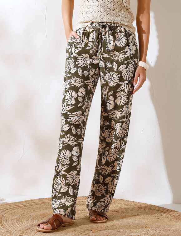 Pantalon large fluide, imprim&eacute; v&eacute;g&eacute;tal (kaki / &eacute;cru)