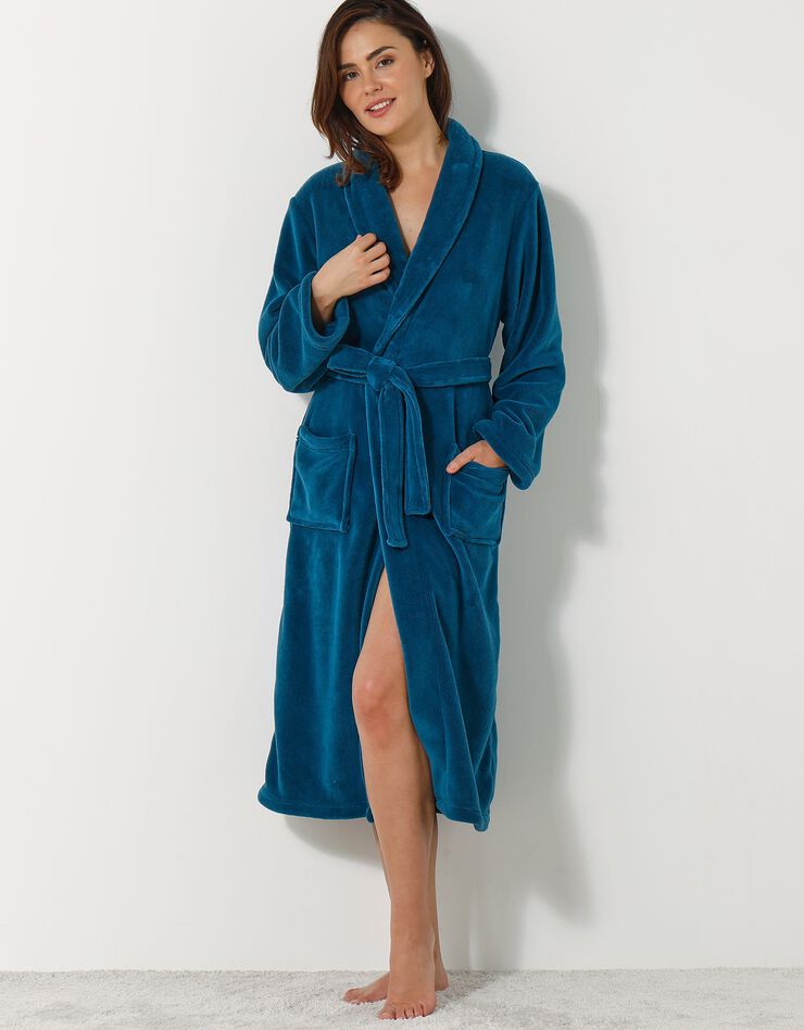 Peignoir mixte adulte col châle, microfibre toucher peluche (bleu paon)
