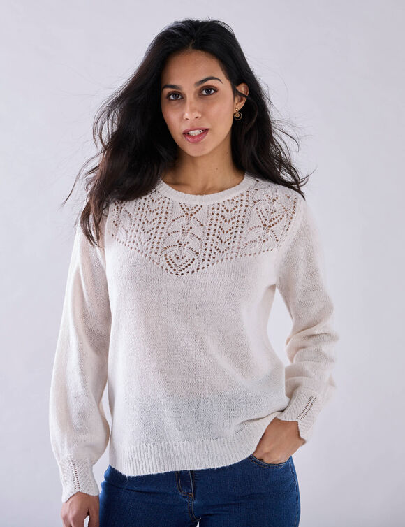 Pull col rond maille ajourée, toucher doux (écru)