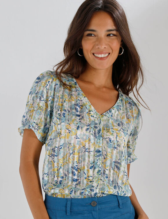 Chemisier boutonn&eacute; manches blousantes imprim&eacute;, voile jacquard (vert d'eau)