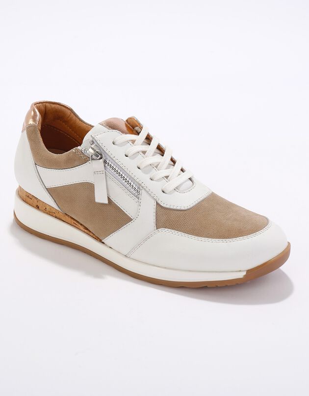 Baskets zippées en cuir souple à semelle bimatière (beige / blanc)