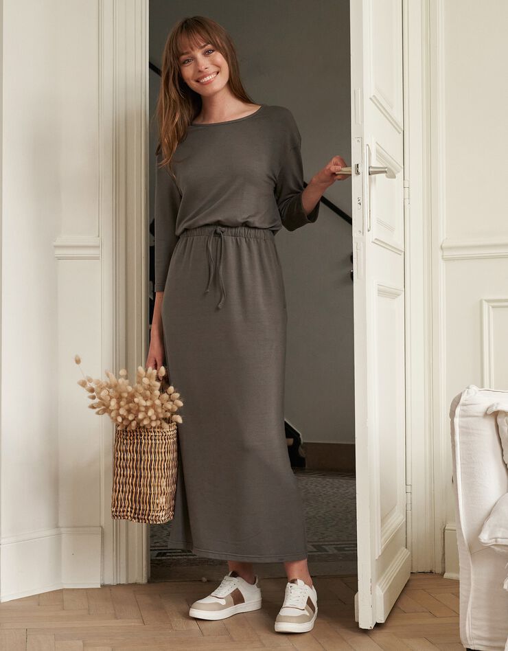Robe longue molleton léger taille élastiquée (kaki)