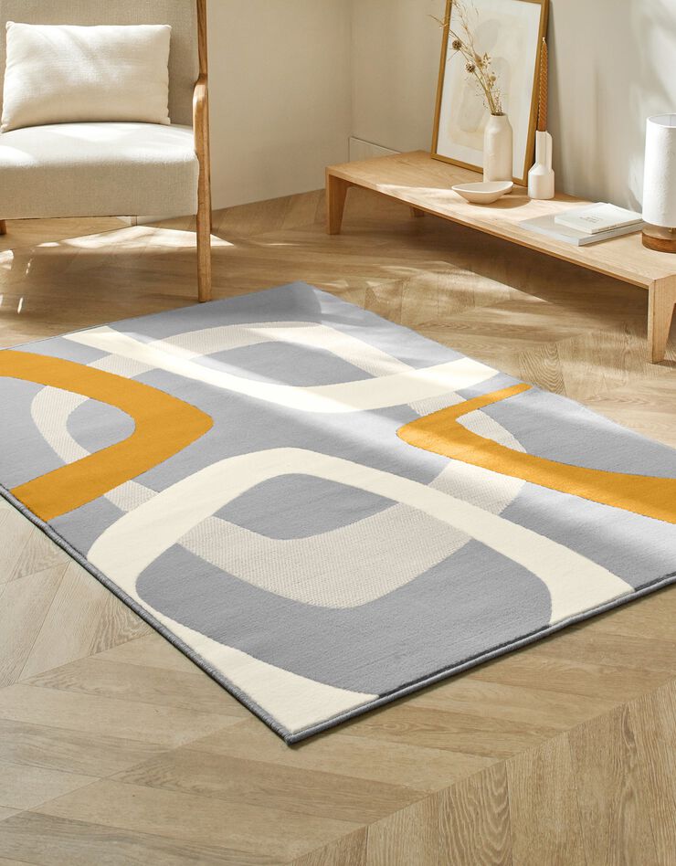 Tapis rectangulaire motif rétro (gris perle / curry)