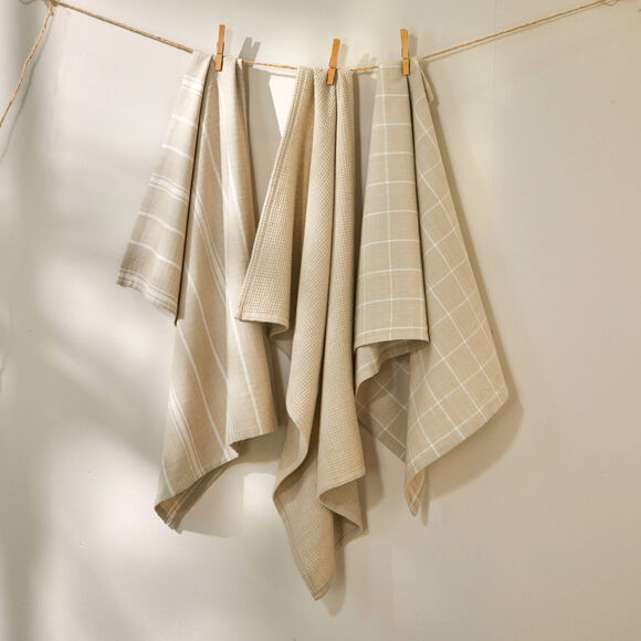 Torchons assortis coton tissé teint - lots (sable / blanc)