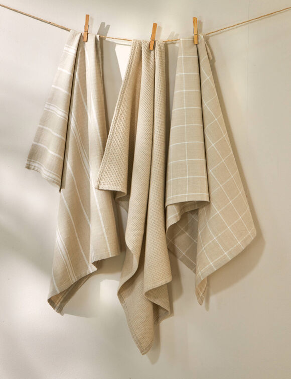 Torchons assortis coton tiss&eacute; teint - lots (sable / blanc)