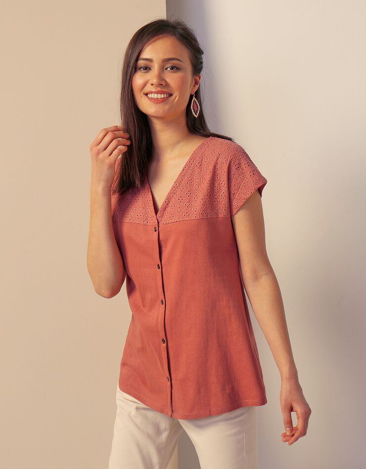 Tee-shirt boutonné, broderie anglaise (terracotta)