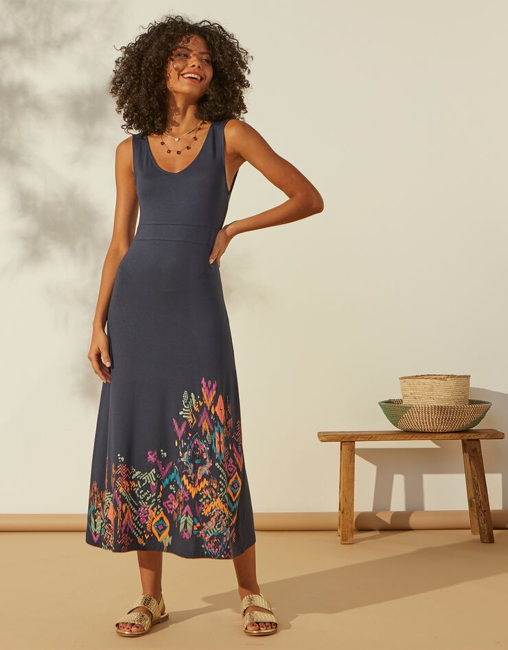 Robe longue sans manches, imprimé en base (marine / corail) Robe longue sans manches, imprimé en base (marine / corail)