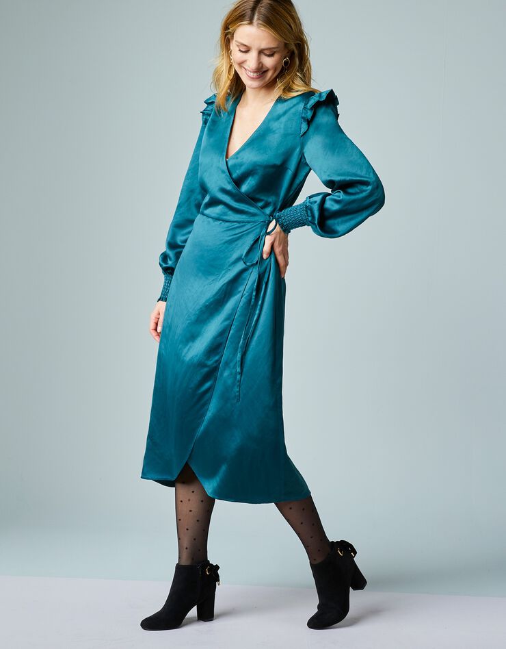 Robe portefeuille satin unie à manches longues (vert foncé) Robe portefeuille satin unie à manches longues (vert foncé)